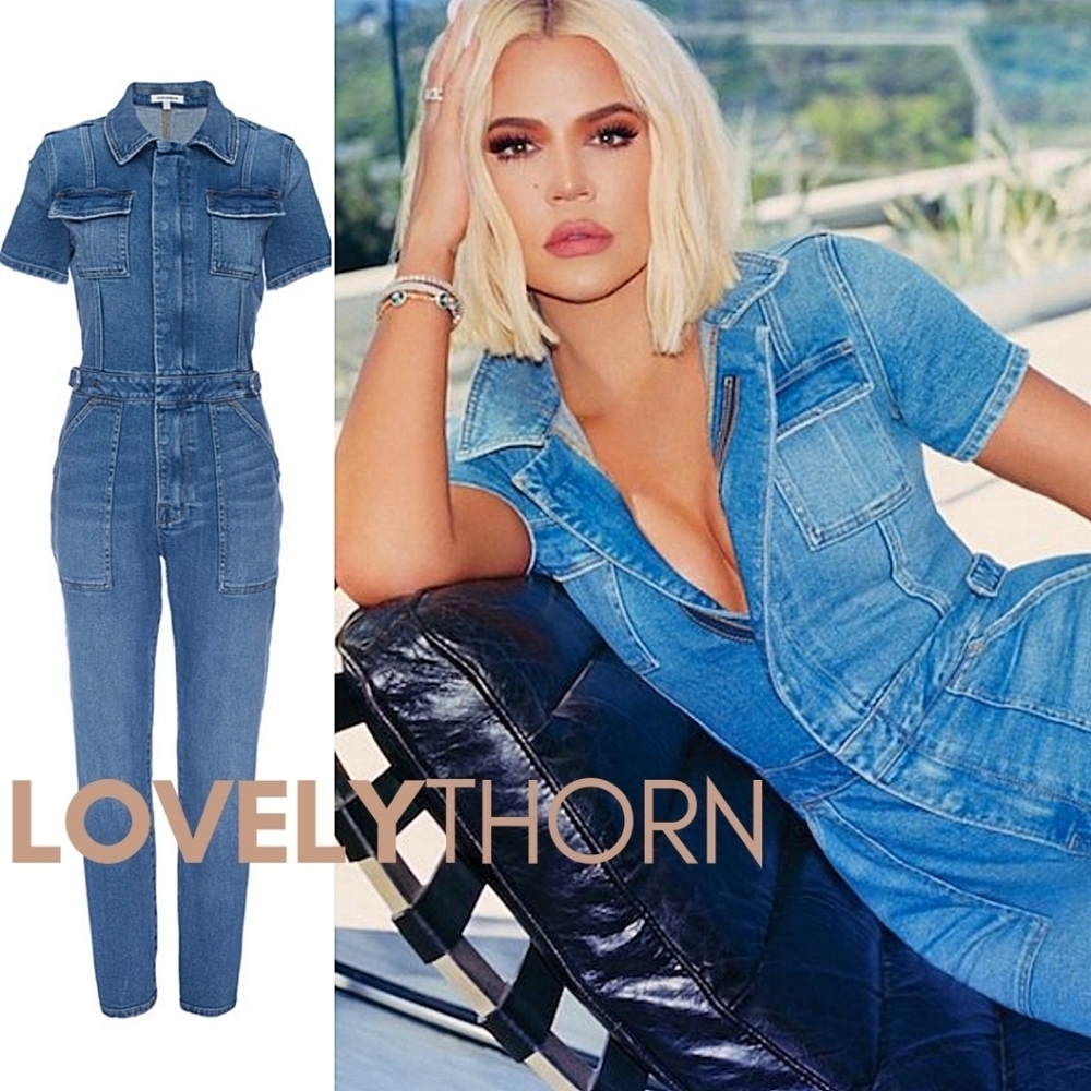 GOOD AMERICAN // fit for success short sleeved zip front stretch denim jumpsuit